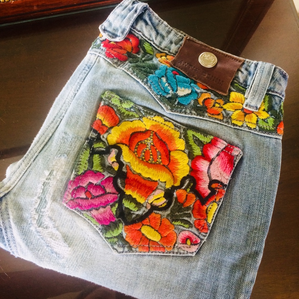 Anthropologie Antik Batik Floral Embroidered Denim